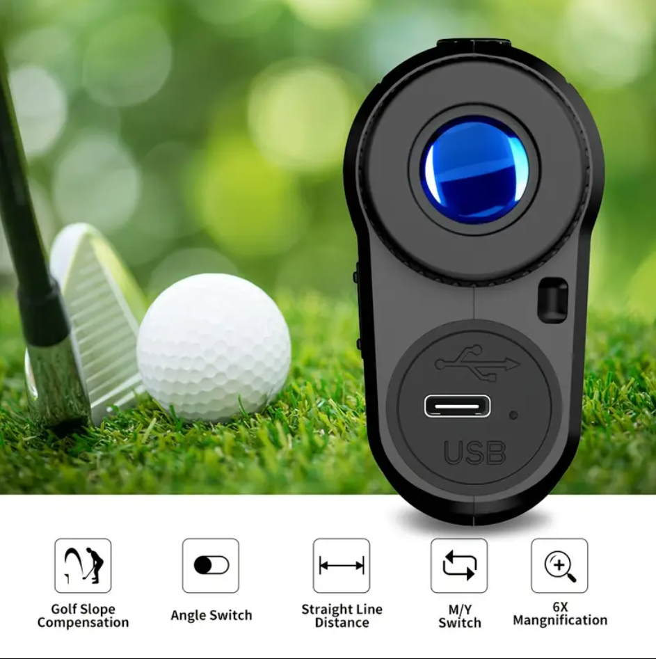 Revasri NK-1000 black golf rangefinder USB charging and feature icons