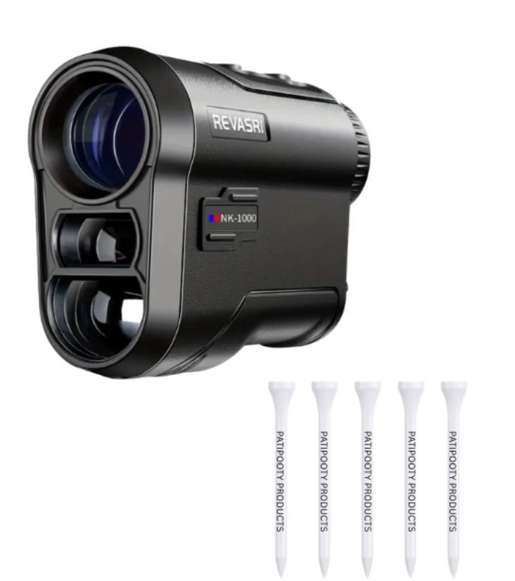 Revasri NK-1000 black golf rangefinder with 5 Patipooty tees