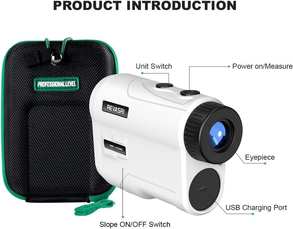Revasri NK-1000 golf rangefinder product introduction with pouch and USB charging port