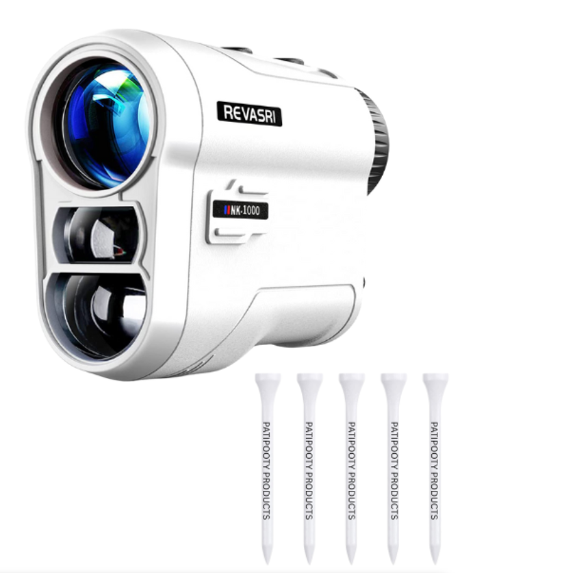 Revasri NK-1000 white golf rangefinder with 5 Patipooty tees